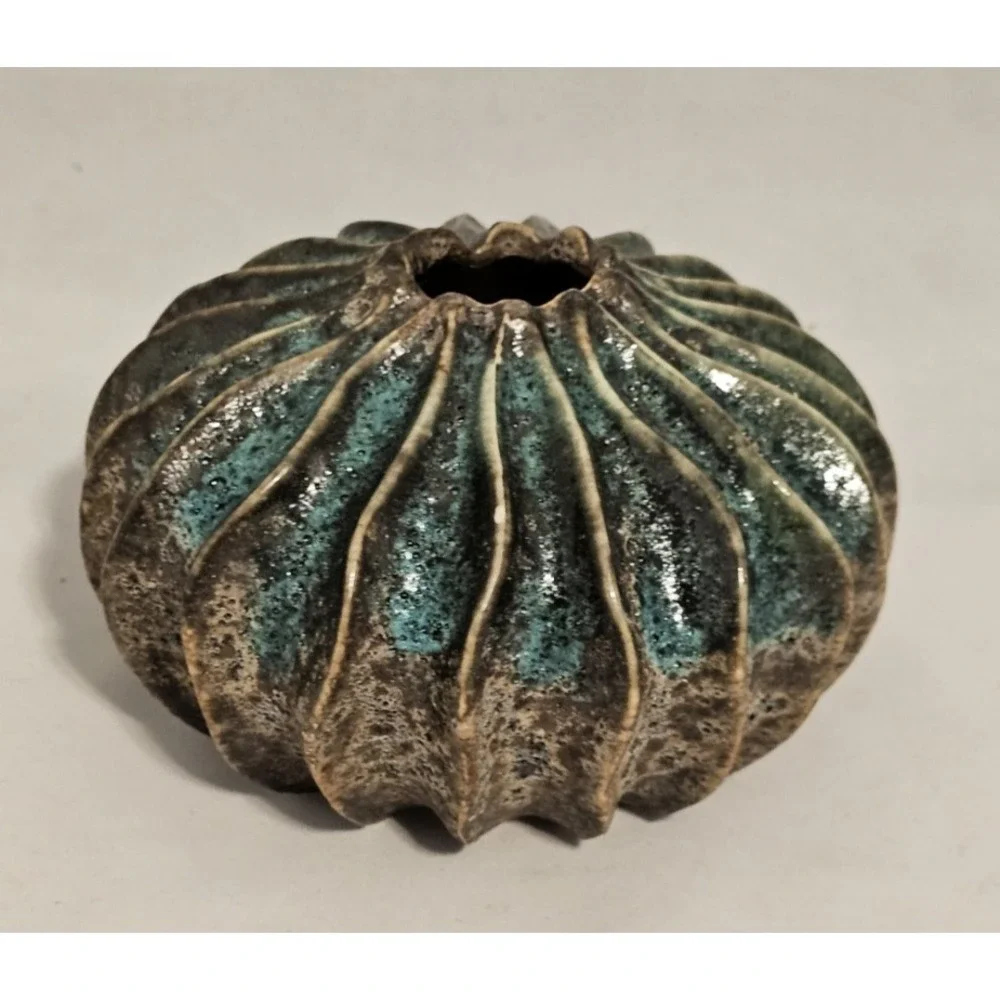 Fractal Volcanic Glaze Vase Blue Brown 2 Small Chips 3.5